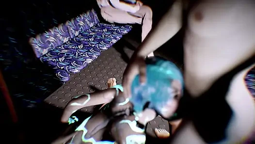 Синюю девушку-робота жестко трахают в тройничке в автобусе