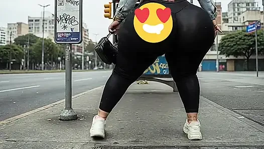 "Masked BBW Changes from Black Leggings to Tiny Thong at Public Bus Stop"