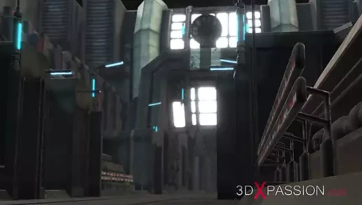 Bilim kurgu seksi. Ateşli seksi sarışın laboratuvarda sikiliyor. Sikiş makinesi