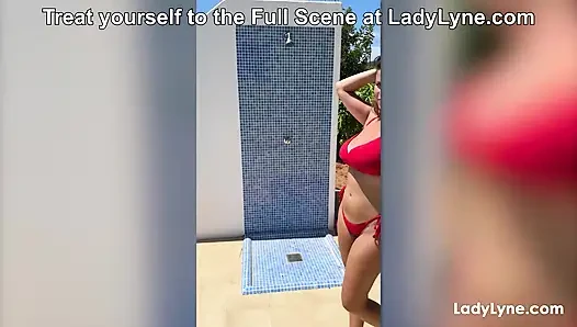 Wet Brunette MILF Lady Lyne Fingers Herself Under Outdoor Shower at LadyLyne