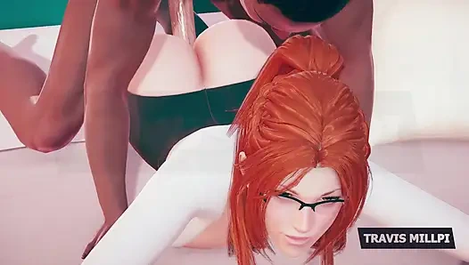 Tombul kızıl saçlı profesör ofis fantezi gözlüklerine giriyor, gömlek sıkı, tutum yaramaz