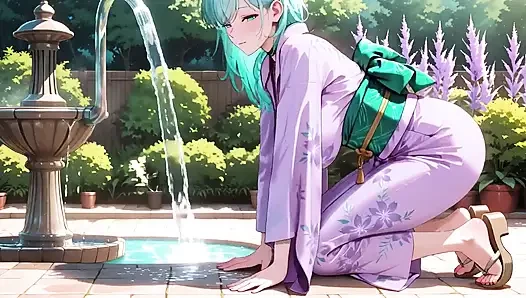 Mor kimono tanrıçası! Kırmızı Torii kapısının altındaki ıslaklığı kaldıramıyorum