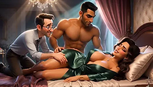 A Muslim man and a Jewish wife, with her cuckold  Christian husband watching her being fucked.