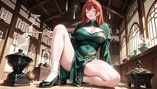 Kızıl saçlı ve zümrüt qipao! Doğu avlusunda tembel baştan çıkarma.