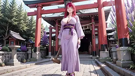 Kızıl saçlı kimono tanrıçası! Kutsal torii kapısının altında diz çöküp, sırılsıklam sırtsız kıyafetini utangaç bir bakışla ayarlıyor.