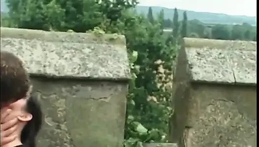Heteroseksüel çift açık havada anal seks yapıyor ve sonra aygır amına boşalıyor