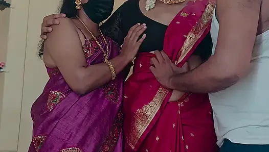 Sisters enjoying threesome romance in bed with neighbour batchelor men