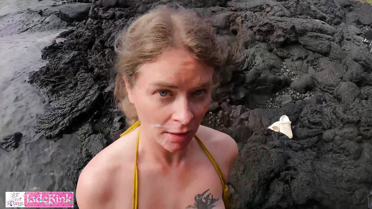 Girlfriend sucking boyfriend's dick on a public beach and a facial