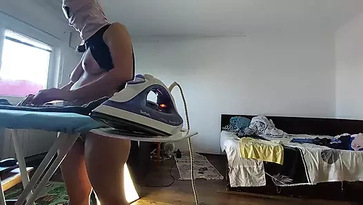Sexy wife doing housework naked. Brunette hairy pussy, big ass, big tits.