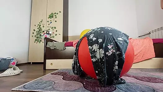 Sexy wife does yoga naked. Hairy brunette pussy, big tits, big ass.