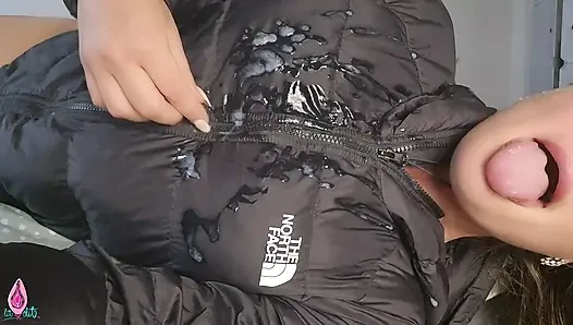 Busty girl in down jacket gets covered in cum after giving upside down deepthroat - clothes fetish video