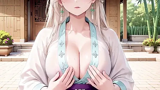 Beyaz Kimono hizmetçi! Japon koridorunda diz çöküyor, güneşin altında ıslak kalçaları ortaya çıkaran büyük yarık.