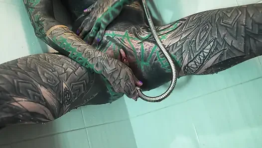 Heavily Tattooed Model Intense Anal Masturbation in the Shower
