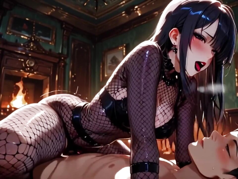 Yapay zeka ile anime: Gotik ve göğüslü bir Asyalı kız bana oral seks yapıyor ve beni sevişiyor.