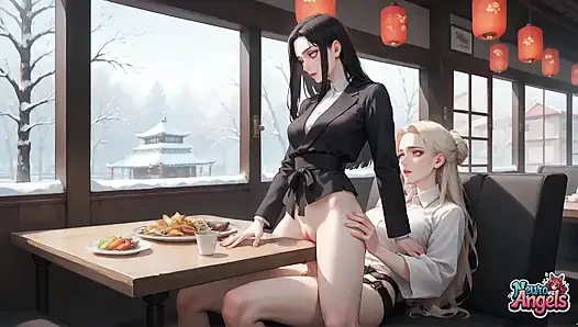 Kimono krem damlayan karlı bir kafede seksi, edepsiz baştan çıkarma - azgın, sert porno!