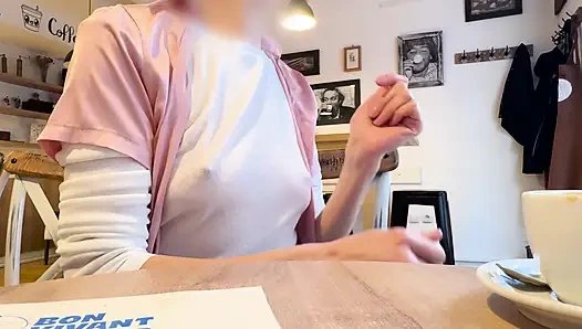 Extremely sexy white sheer blouse exposing my big hard pierced nipples in a coffee shop