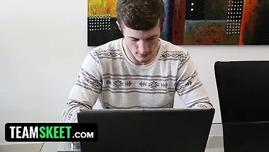 Lucky stud bangs tiny babysitter Alex Little with his huge dick for masturbating while working