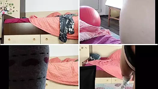 Brunette dances naked around the house.