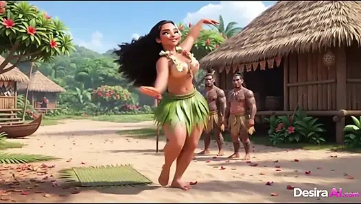 Exótica belleza hula a cuatro patas, hombres tribales mirando sus curvas (generado ia)