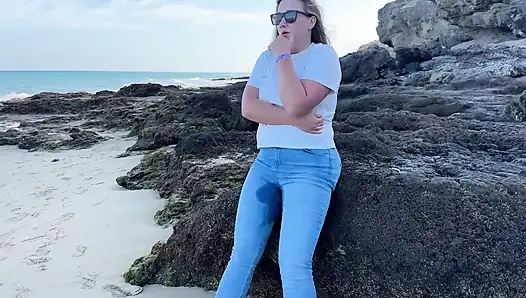 Peeing in Tight Jeans on the Beach