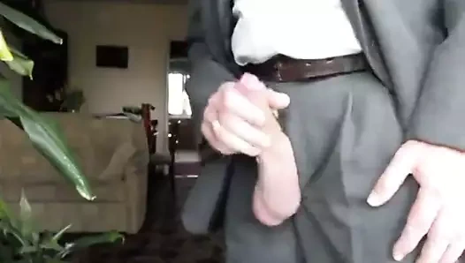 Old man jerk off and cum his big cock in suit