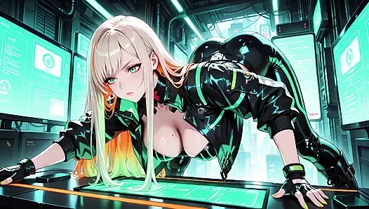 Neon Yağmur Gecesi! Islak deri çömelmiş sarışın ajan düşük, holografik parıltı ve soğuk bakışlar.