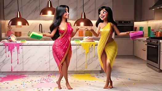 İki şehvetli Hintli lezbiyen geleneksel külotsuz elbisesini ortaya koyarak dört ayak üzerinde mutfak zeminini temizliyor