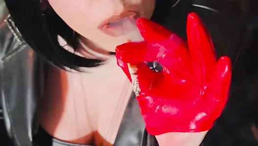 Miss Tina Snua In Leather coat & Gloves Sparks Up A cigarette Then Smokes For You Leather Lovers!