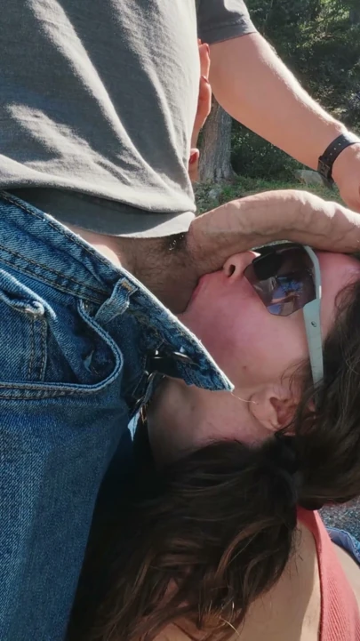 pale brunette got caught while tries deepthroat with strangers in public | Clip 1