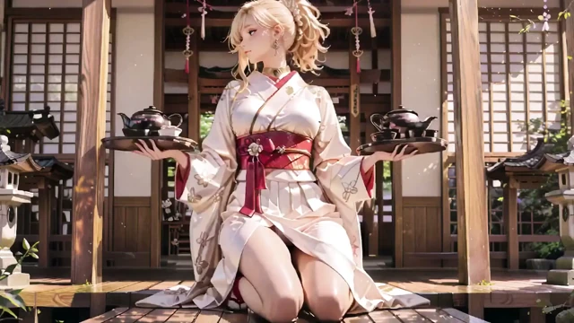 Sarışın Kimono kızının tapınak sırrı! Bej modifiyeli kimono içinde Torii kapısının altında diz çöküp kalkıyor