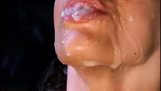 Three horny guys fucking hot whore on couch