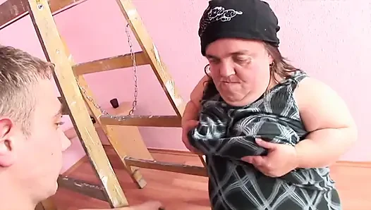 Midget's hairy pussy gets slammed after giving a blowjob