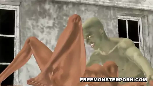 Büyük memeli 3 boyutlu esmer zombi yarağını emiyor