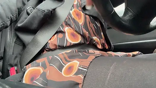 Elegant stepmom drives to the office wearing tights and a beautiful dress