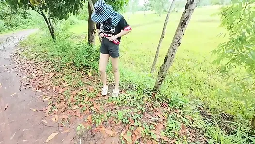 Thai Girl Walking Showing Along the Side of the Field Road in the Countryside Thai Outdoor Public