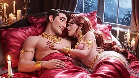 Erotik fantezi romantizm - altın takı çift derin öpüşme ve yatak oyunu