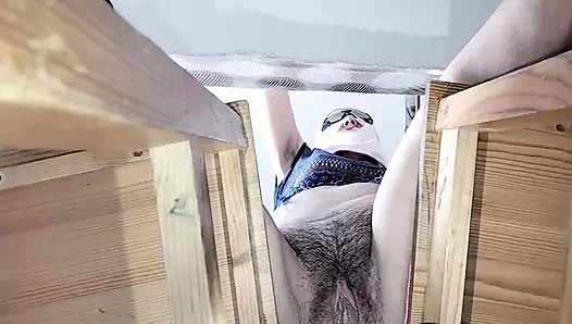 Sexy naked wife preparing food in the kitchen.