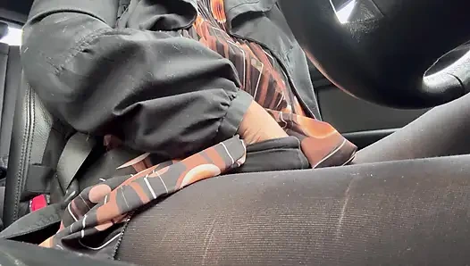 Elegant stepmom drives to the office wearing tights and a beautiful dress