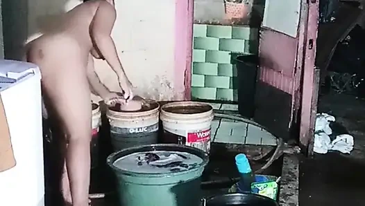 Washing clothes while naked