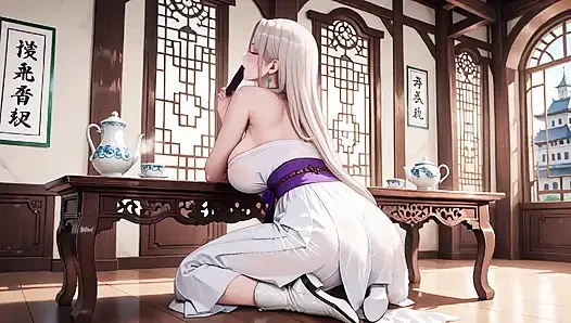 Beyaz Kimono hizmetçi! Japon koridorunda diz çöküyor, güneşin altında ıslak kalçaları ortaya çıkaran büyük yarık.