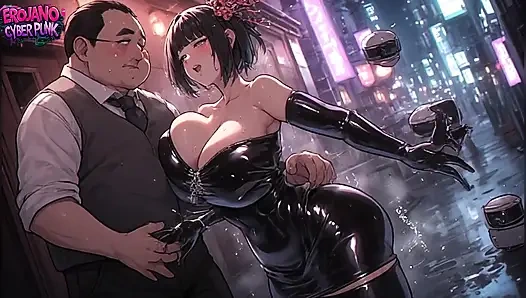 Cyberpunk cycate laski jeżdżą na grubych facetach - neonowy pot i duże cycki
