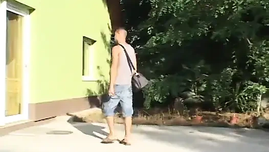 Horny stud banging sexy babe doggy style outdoors