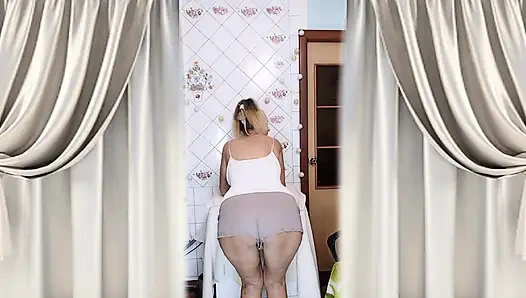 Old housewife Lukerya's morning flirtation involves brushing her teeth on the washing machine.