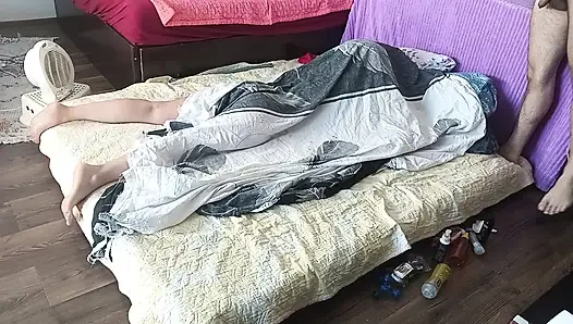 Foreplay in the bedroom with an amateur couple.