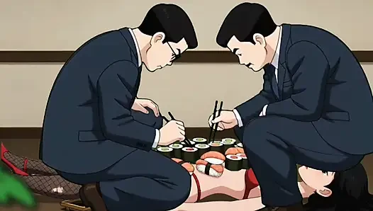Suşi kızı: zengin adamlar seksi bir sürtüğün vücudundan yemek yiyor ve sonra onu sikiyor
