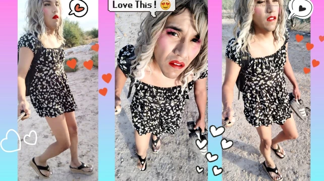 Sevimli Transeksüel Mini Elbise Ve Sıcak Uzun Sandalet Halk İçinde Yürüyor