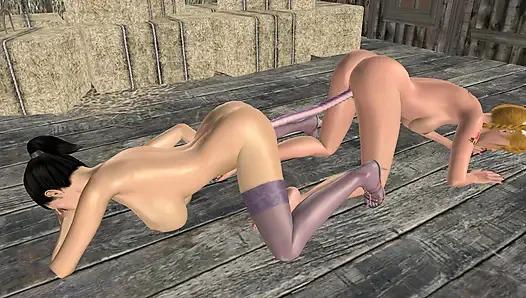3 boyutlu animasyonlu lezbiyen şehvet: büyük memeli orta yaşlı seksi kadın amcık sikiyor ve çift dildo minyon genç amcığı sikiyor