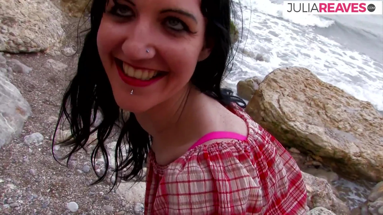 Hot girl bends over as a huge cock thrusts her pussy near rocks