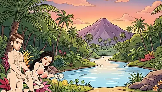 Man fucks woman with big cock in the forest, woman is very happy.