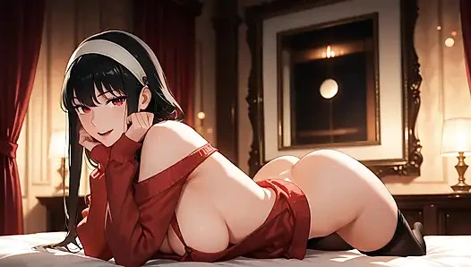 Yatak odasında yor forger seksi. Yor Forger sürtük olmayı seviyor. Hentai cosplay (yapay zeka tarafından oluşturulmuş)